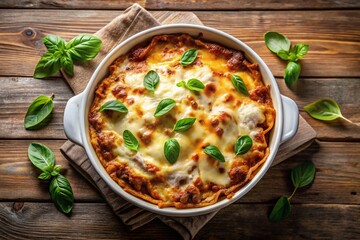 Delicious baked lasagna in a white round casserole dish, showcasing layers of pasta, rich meat sauce, and melted cheese, perfect for a comforting family meal or gathering.
