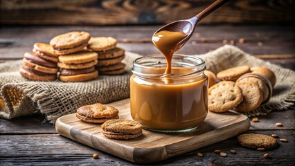 Dulce de leche jar with cookies and caramel drizzle