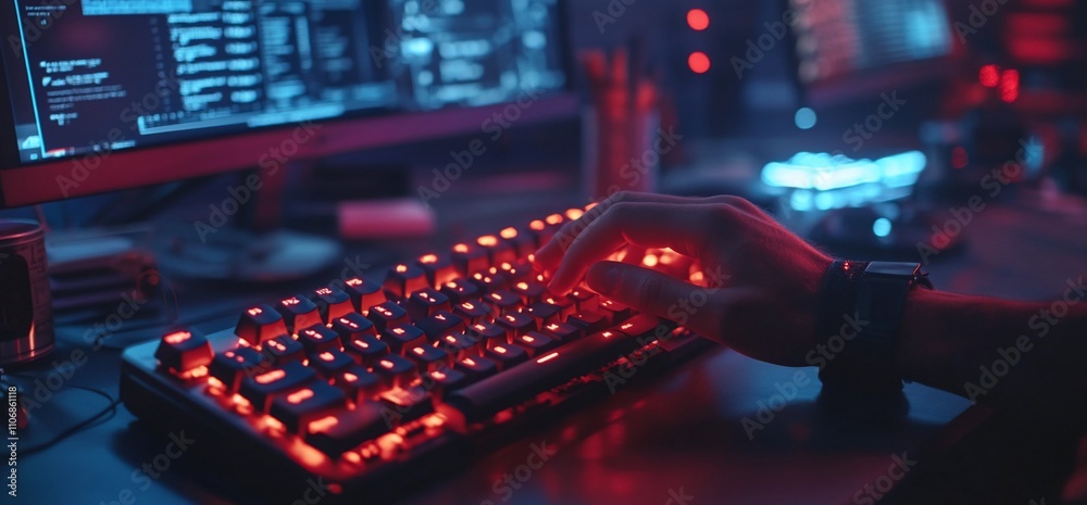 Poster a hand typing on a glowing keyboard in a dimly lit workspace.