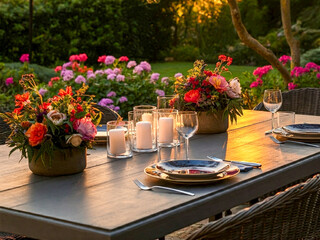 Fototapeta premium Table setting for dinner in the garden at sunset. Selective focus. 