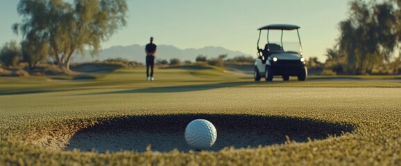 A golfer prepares to putt on a sunny golf course.