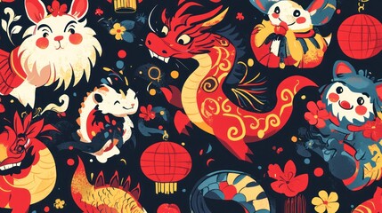 Obraz premium A playful Chinese New Year pattern featuring cartoon-style zodiac animals and festive decorations, perfect for a youthful design