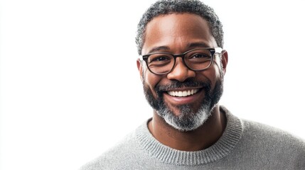 Obraz premium A playful portrait of a man smiling, set against a stark white backdrop to enhance his warmth