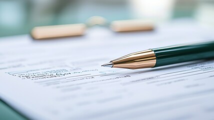 Fototapeta premium Tax planning deduction concept. A close-up of a green pen resting on a document, highlighting the importance of writing and paperwork in a professional setting.