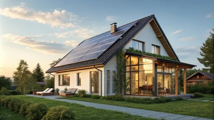 An innovative house displaying an array of bright photovoltaic panels aligned seamlessly transforming sunlight into empowering energy.