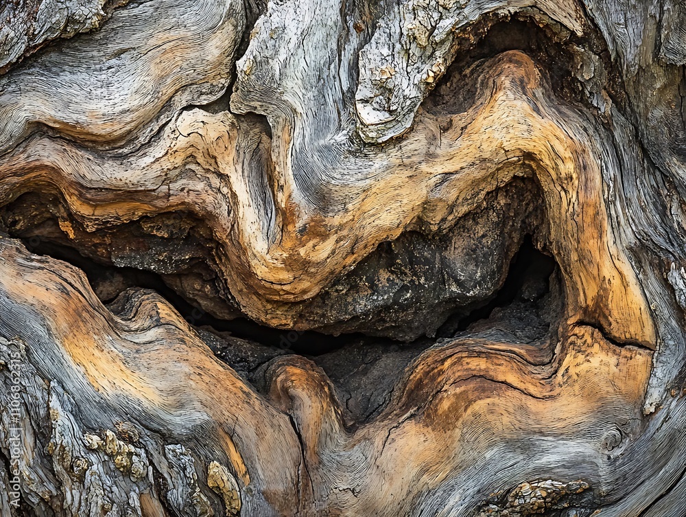 Poster Close-up of a tree trunk with intricate, swirling wood grain patterns and a hollow center.