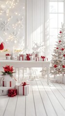Bright White Room with a Large Window, Decorated in Christmas Style with a White X-mas Tree and Gifts Surrounding It.