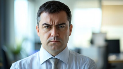 Obraz premium A portrait of a man with a furrowed brow, set in an office environment to reflect a professional attitude