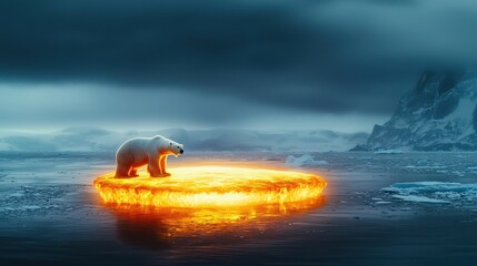 Obraz premium A polar bear stands on a glowing, fiery platform in a dark, icy landscape, highlighting the contrast between fire and ice.