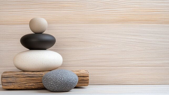 A serene arrangement of stacked stones on a wooden base, symbolizing balance and tranquility against a light wooden background.
