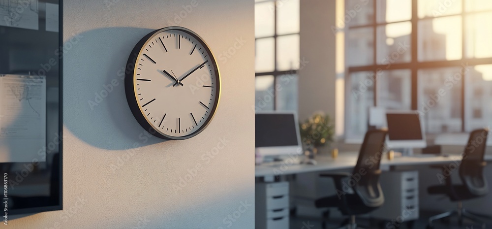 Poster a modern office space with a wall clock and computers in view.