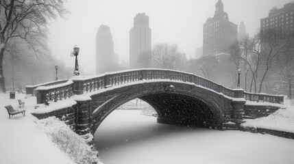 Snow-covered bridge in a city park during a winter storm.
