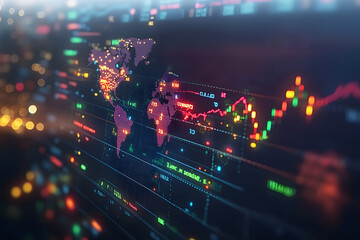 Dynamic financial scene featuring stock market graphs. And data, symbolizing global economy and technology. With fluctuating lines, bars, and candlestick patterns on a large digital trading board. 