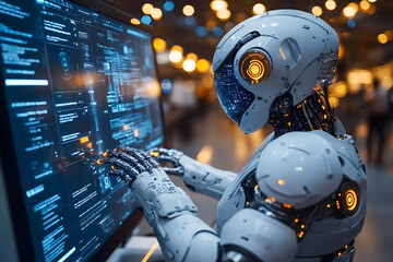 Fototapeta premium Robot working at computer replace human with desktop monitor in front. Maschinen typing on keyboard in office. Futuristic worker. AI work at support job technologies. Background future holographic.