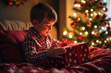 child boy opening christmas gift against christmas tree