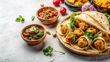 Delicious Tortillas, Baurasks, and Fried Dumplings on a White Background - Perfect for Culinary and Food Photography Needs