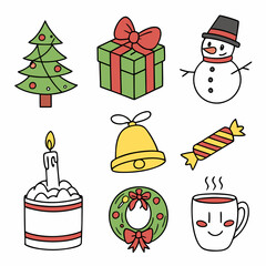 Christmas and Holiday Icon Collection,  Hand-Drawn Christmas Icons, Festive Christmas Vector Pack, Colorful Christmas Icon Set
