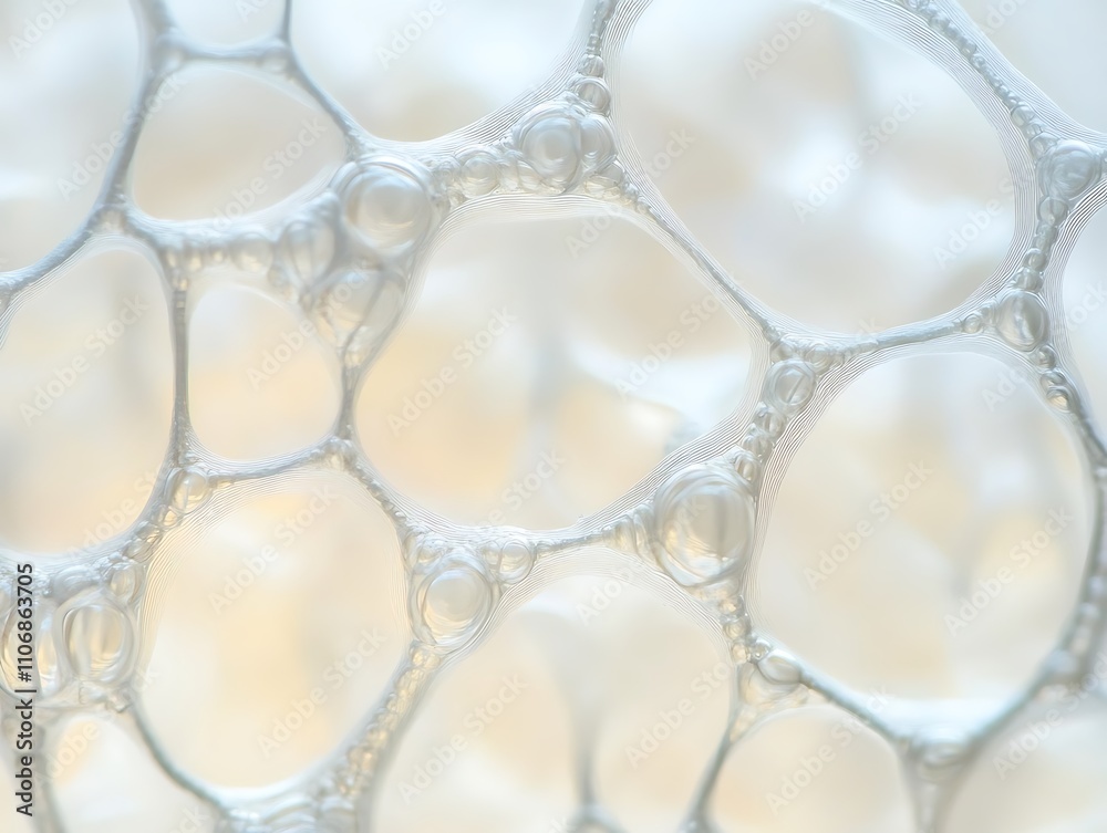 Poster close-up of a white, bubbly, foam-like texture with interconnected, circular cells.