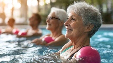 A senior woman participating in a swimming class, emphasizing the benefits of low-impact exercise