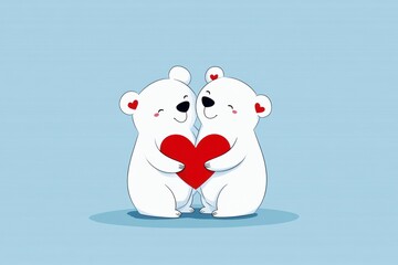 romantic bear illustration, simple, adorable drawing of embracing bears with hearts and love notes on a pastel blue backdrop