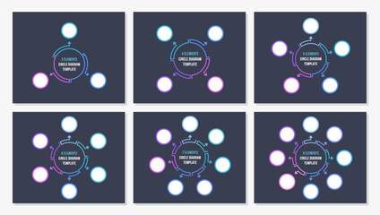 Six blank circle diagram templates set - 3, 4, 5, 6, 7 and 8 parts, circle infographics, dark theme, vector eps10 illustration