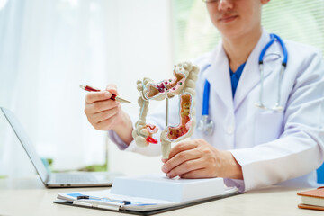 A male doctor wearing glasses sits at a desk, explaining an intestinal model, discussing anatomy,...