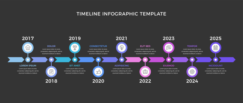 Long horizontal timeline infographic template with nine arrows, dark background, vector eps10 illustration