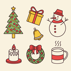 Christmas and Holiday Icon Collection,  Hand-Drawn Christmas Icons, Festive Christmas Vector Pack, Colorful Christmas Icon Set