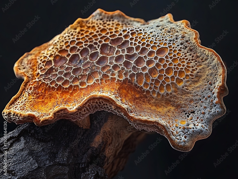 Poster Close-up of an orange and grey textured mushroom on dark background.