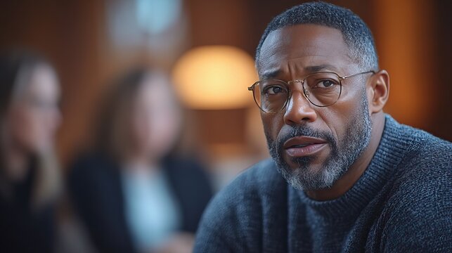 A serious group conversation about mental health support services takes place in a circle