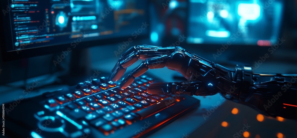 Poster A robotic hand interacting with a glowing keyboard in a tech environment.