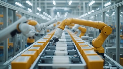 Automated Production Line with Robotic Arms Handling Packages