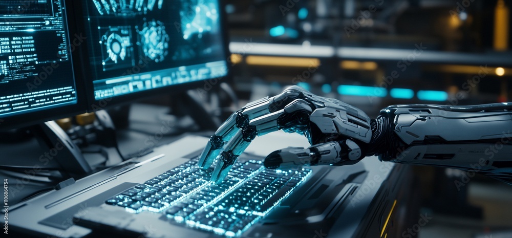 Poster A robotic hand interacts with a futuristic keyboard and screens.