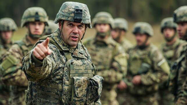 A master chief in military uniform giving orders to troops during a training exercise.