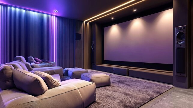 A modern cinema room with a large screen, sound system, and plush seating for an immersive experience.