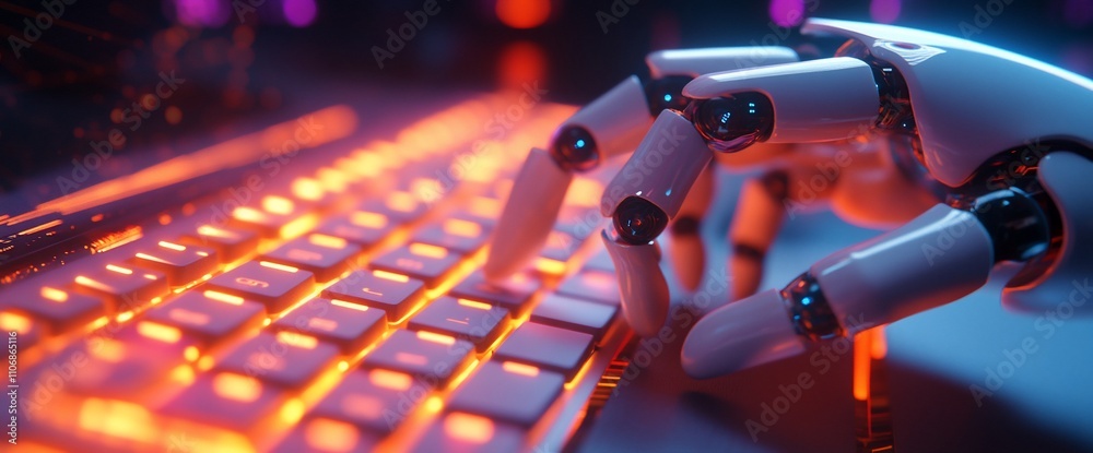 Poster A robotic hand typing on a glowing keyboard in a digital environment.
