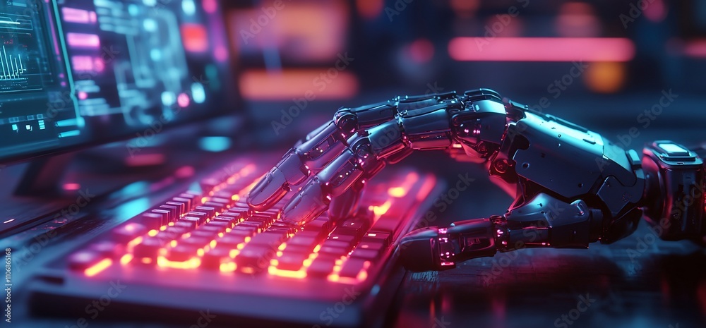 Aufkleber a robotic hand typing on a glowing keyboard in a futuristic setting.