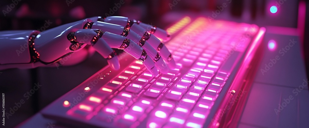 Poster A robotic hand typing on a glowing keyboard in a futuristic setting.