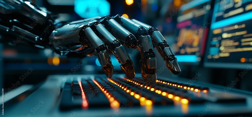 Poster a robotic hand poised above a keyboard, illuminated by glowing lights.
