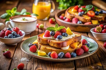 Fototapeta premium Delightful Tilt-Shift Photography of French Toast with Fresh Fruits and Yogurt on a Rustic Wooden Table - Perfect for Breakfast or Brunch Inspiration