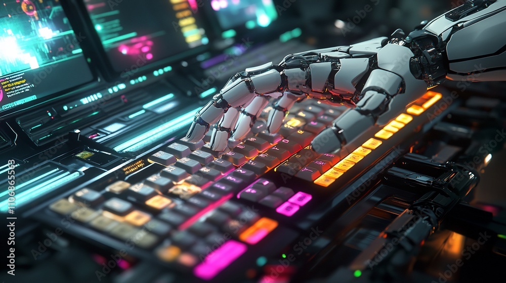 Aufkleber a robotic hand typing on a vibrant, illuminated keyboard.