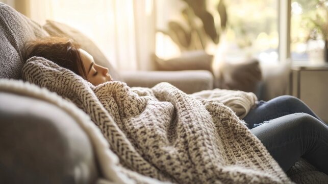 A person comfortably nestled in blankets on a sofa, enjoying a lazy day at home.