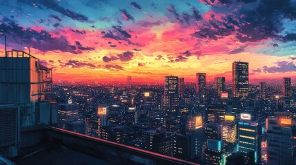Obraz premium A vibrant sunset over a bustling cityscape, showcasing skyscrapers and colorful skies.