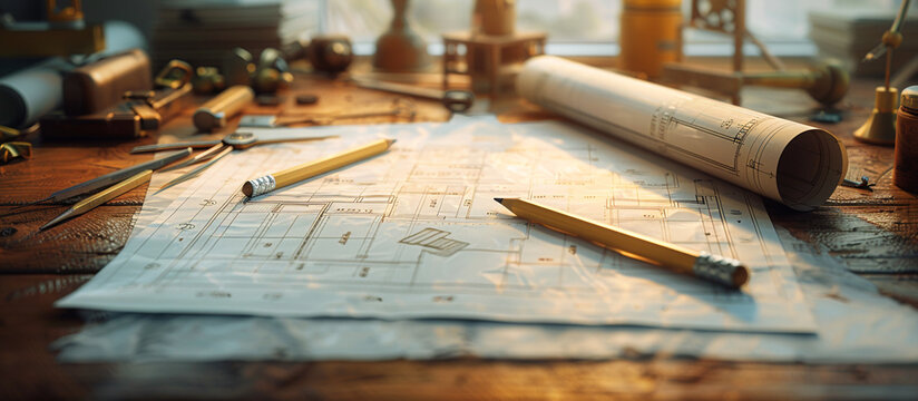 A blueprint spread out on a wooden desk, with drafting tools and a pencil resting on the paper, capturing the essence of architectural design