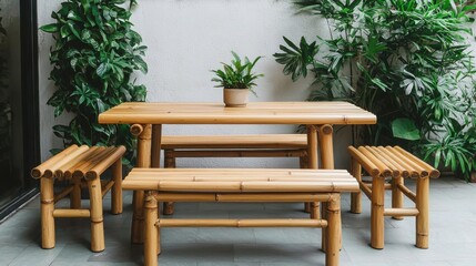 Obraz premium Eco-friendly interior design with bamboo furniture. Bamboo furniture set surrounded by lush greenery.