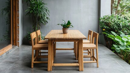 Eco-friendly interior design with bamboo furniture. Wooden dining set on a modern patio surrounded by greenery.