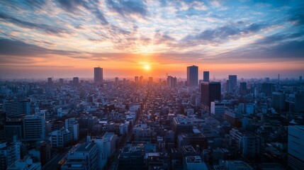 Fototapeta premium A sunrise city view from a high rooftop, overlooking streets just beginning to wake up