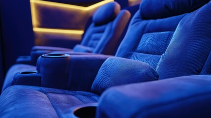 Obraz premium A plush cinema seat with a cup holder, ready for moviegoers to enjoy the show.