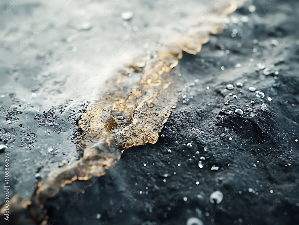 Poster close-up of ice melting on dark rock surface, showing water droplets and texture.