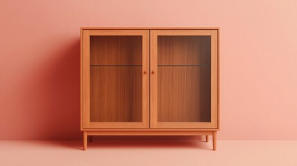 Obraz premium Eco-friendly interior design with bamboo furniture. Modern wooden cabinet against a pastel pink wall.